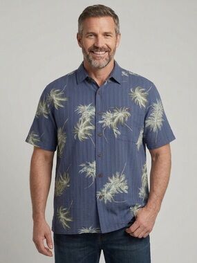 Vintage Men's Island Fever Palm-Print Short-Sleeve Button-Down Shirt Size L
